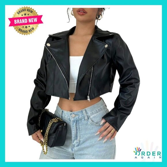 PU Leather Cropped Jacket Zip Up Moto Style Edgy Chic Modern Silhouette